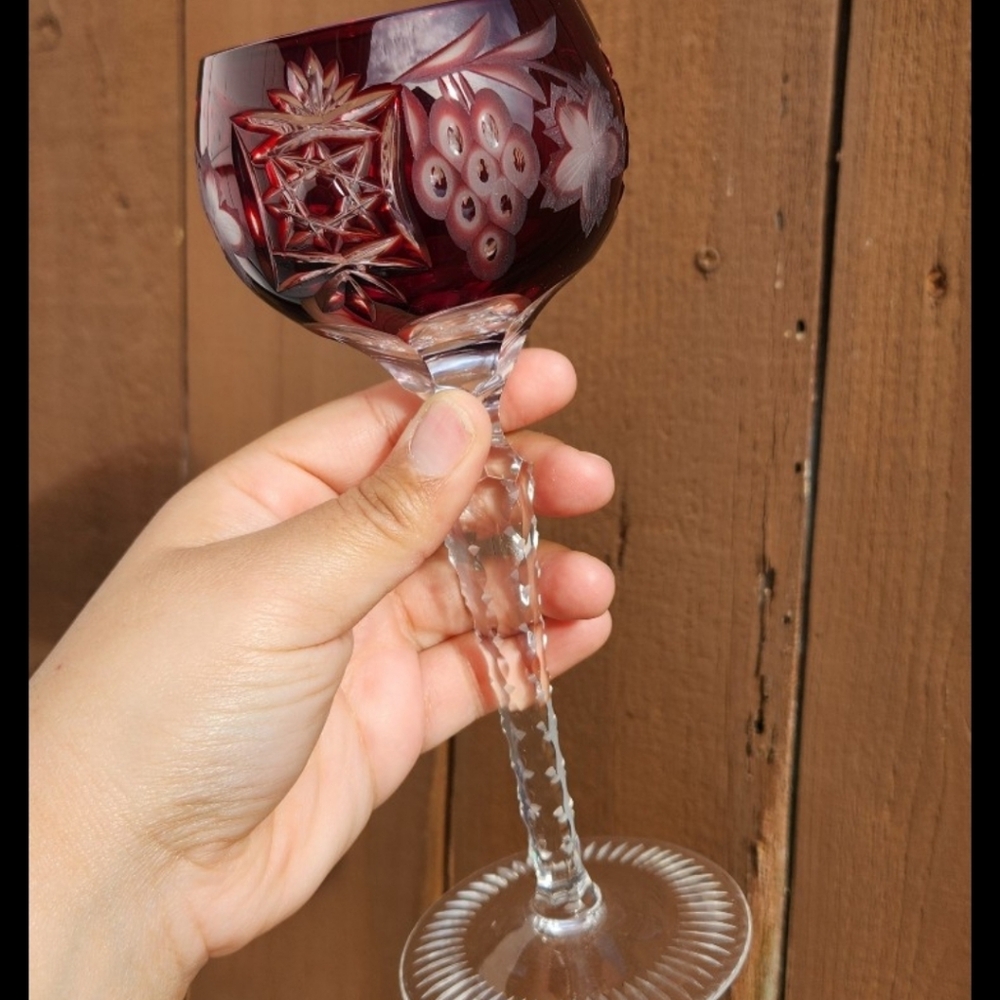 Pair of 2 Vintage Cut to Clear Ajka Marsala Gauntlet Glass Bohemian Red Purple